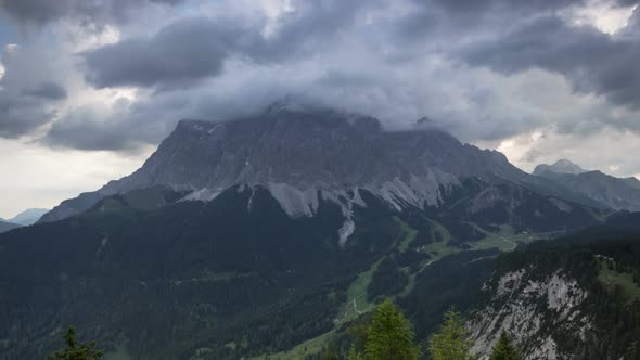 Time Lapse Thunder Clouds Move over Mountain Zugspitze Germany Alps