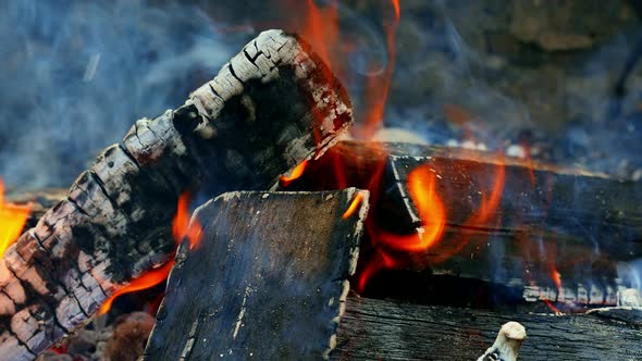 Closeup of hot coals in the campfire in summer