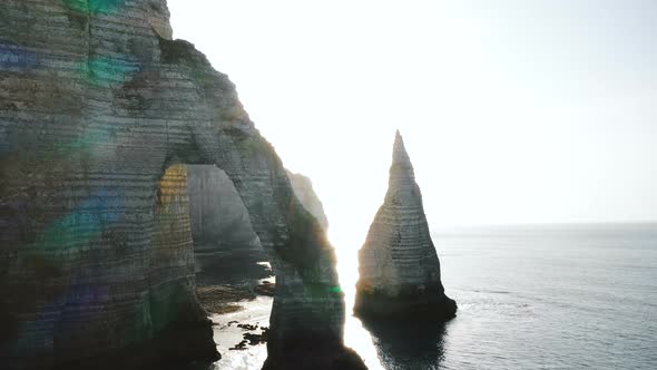 Beautiful Backlight Drone Panorama, Giant Natural Eroded Rock Arch and Pillar at Famous White Sea