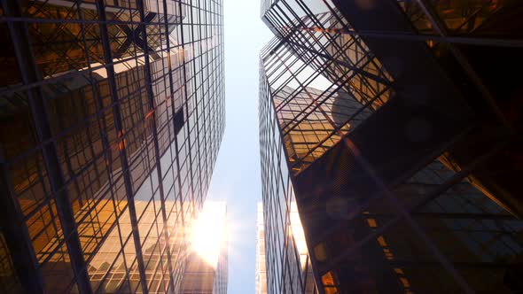 POV view of city skyline buildings. Financial economy growth concept modern business district