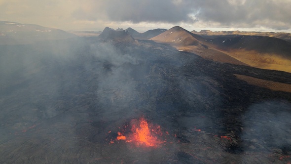 Aerial view Above lava eruption volcano, Mount Fagradalsfjall, Iceland