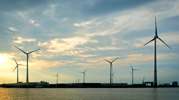 Wind Turbines in Antwerp Port on Sunset