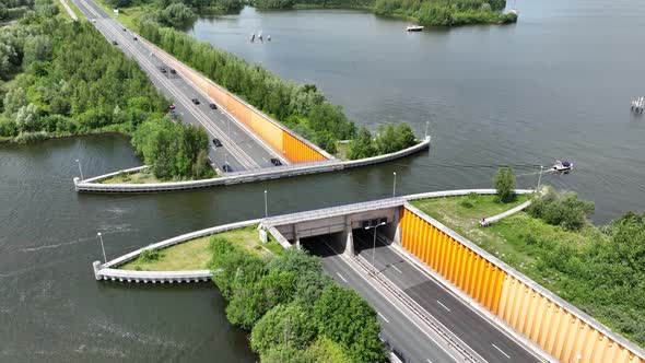 Aqueduct Veluwemeer Near Harderwijk Transport Asphalt Motorway Road for Traffic Crossing Underneath