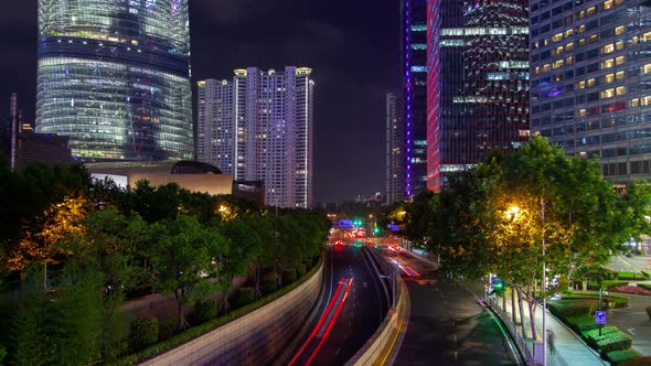 Night Traffic on Pudong New Area Highway in China Timelapse