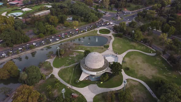 Aerial view orbiting Galileo Galilei Planetarium, Palermo Park