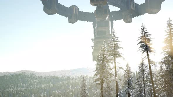 UFO Hovering Over a Forest at Sunset with Light Beam alt