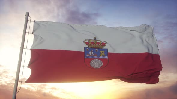 Cantabria Flag Spain Waving in the Wind Sky and Sun Background
