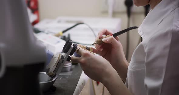 A female dentist technologist holds a mock-up of a jaw in her hands. Manufacture of dentures