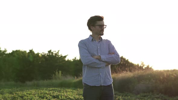 A farmer stands in a soybean field in the light of the sun's rays. Agribusiness.