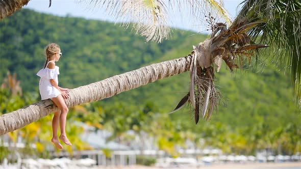 Back View of Adorable Little Girl at Tropical Beach Sitting on Palm Tree During Summer Vacation