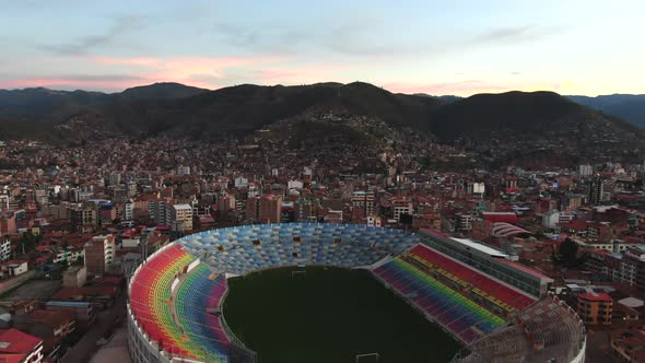 4k aerial drone footage over Inca Garcilaso de la Vega stadium in Cusco, Peru during Coronavirus loc