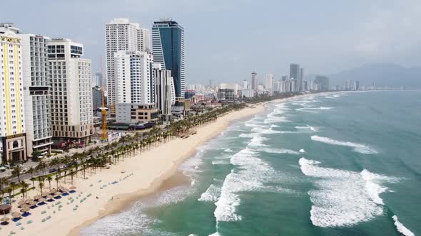 Aerial View of Impressive Coastal City Beach with High Rise Buildings Resorts and Hotels