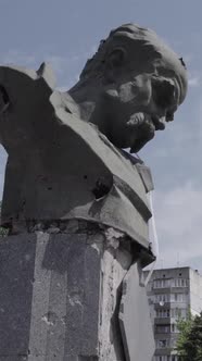 Vertical Video of the Wartorn Shevchenko Monument in Ukraine