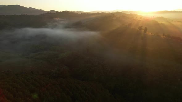 Aerial view of sunrise with fog above mountains. Golden hour and amazing sun rays. Nan, Thailand