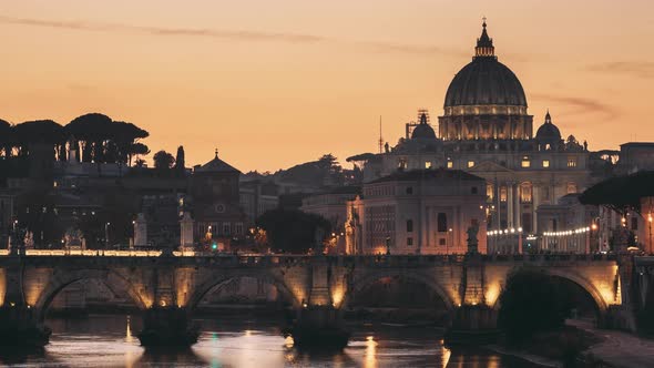 Vatican, Italy. Papal Basilica Of St. Peter In The Vatican And Aelian Bridge In Evening Night