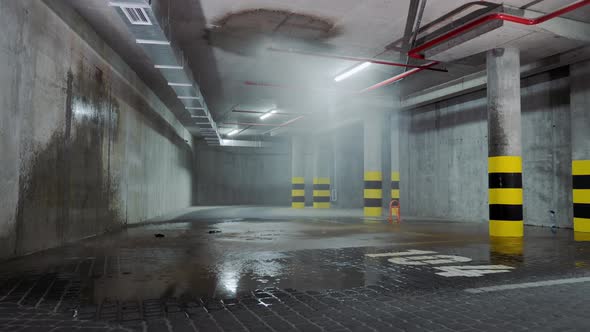 Flooded Underground Parking Lot with Water