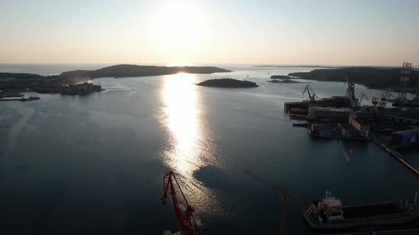 Aerial View of Harbor with Lots of Sail Boats and Islands on Baltic Sea