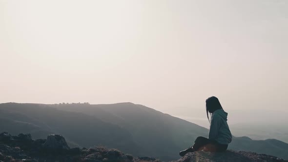 Slow Motion Girl Watching Sunrise On Hilltop
