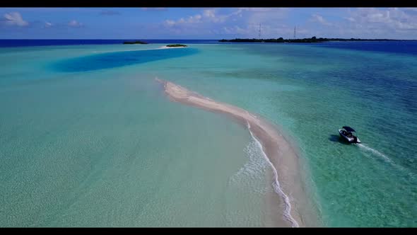 Aerial drone sky of exotic coast beach adventure by turquoise sea with white sand background of adve