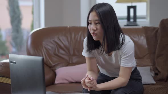 Serious Professional Asian Young Woman Talking at Laptop Using Video Chat on Remote Working