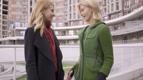 Two Cute Blond Girlfriends Standing on the Street Showing Each Other Shopping Bags. Two Fashion