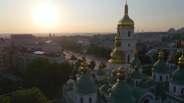 Aerial Footage of Pechersk Lavra During Sunset Landmark of Kyiv Ukraine