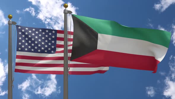 Usa Flag Vs Kuwait Flag On Flagpole