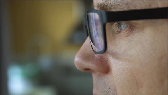 The face of young man with the glasses looks to the window at home