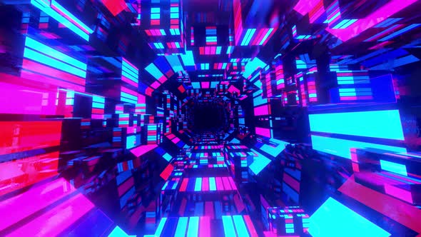 Move Through Mirror Tunnel with Neon Pattern Glow Structure Form Sci Fi Pattern