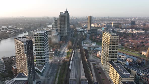 Amsterdamn Amstel Urban City Aerial Drone View Transportation and Urban Residential Construction