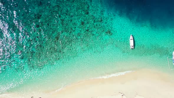 Aerial above panorama of idyllic bay beach wildlife by turquoise lagoon and white sandy background o