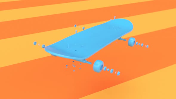 Skateboard assembly process. Elements of the board combining in order. Render 4k