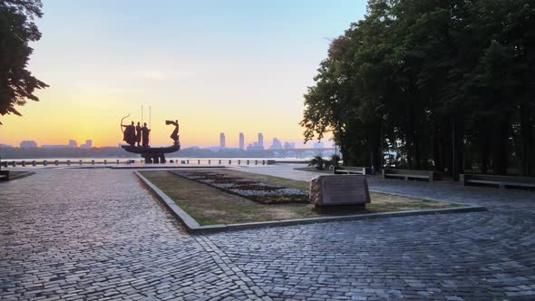 Kyiv, Ukraine - a Monument To the Founders of the City in the Morning at Dawn. Aerial