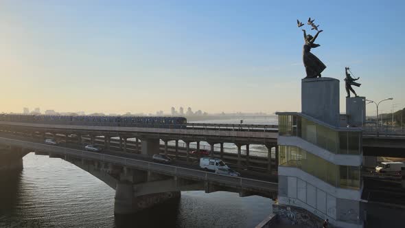 Kyiv, Ukraine : Metro Bridge in the Morning at Sunrise. Dnipro Station