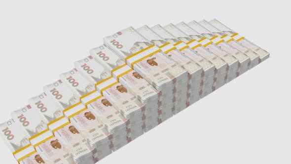 Many wads of money background. 100 Ukrainian Hryvnia banknotes. Stacks of money.