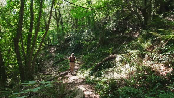 Hiking along rocky footpaths near the River Riells, Catalonia Spain. One person, locked off shot.