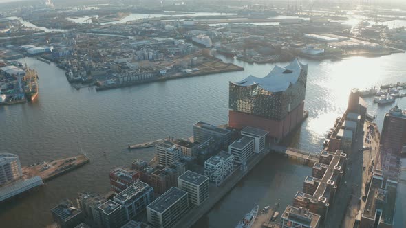 Aerial View of Elbphilharmonie Concert Hall Building on the River Bank of Elbe River in Hamburg City