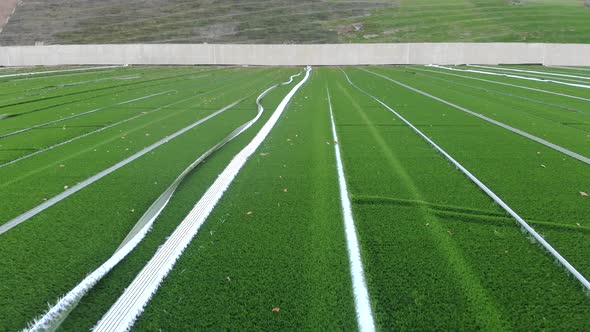 Aerial View From the Top Of the Construction of a Football Field. Laying Artificial Grass.