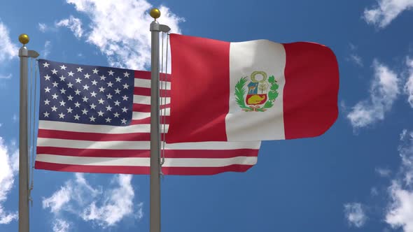 Usa Flag Vs Peru Flag On Flagpole