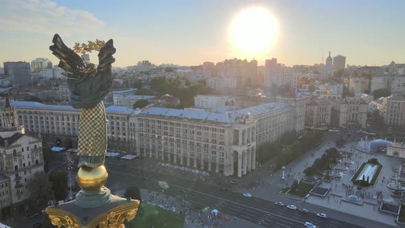 Monument in the Center of Kyiv, Ukraine. Maidan. Aerial View