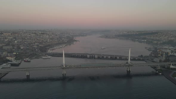 Aerial view of Golden horn in istanbul at sunrise. 