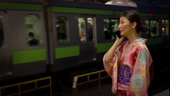 Japanese Woman Kimono Tokyo Japan Train