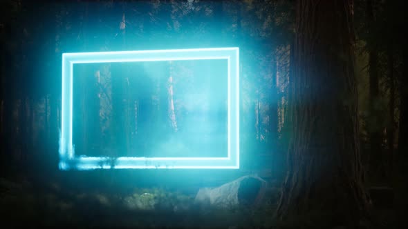 Neon Glowing Rectangle Frame in the Night Forest