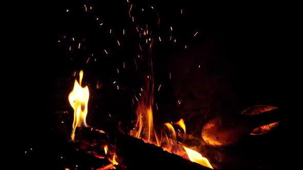 Fire at Bonfire in the Dark Closeup
