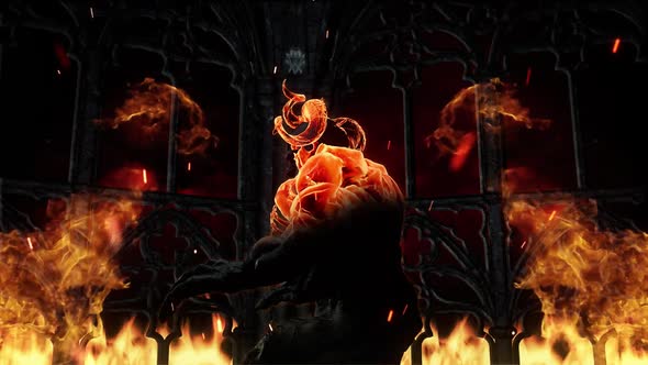 Halloween Visual of Demon in a burning cathedral