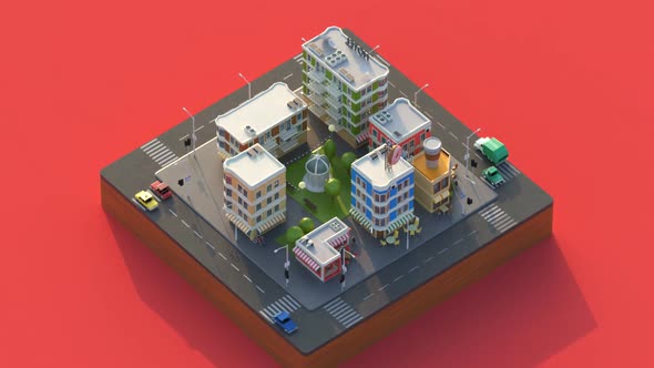 Modern City Block. Section of modern city view, cartoon, isometric style.