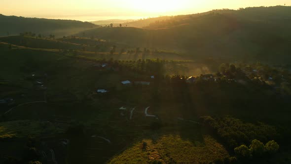 4K Aerial view of Mountains landscape with morning fog.