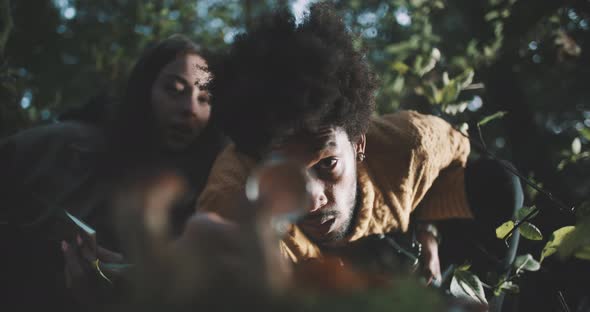 Two young biologists studying the mushroom in a forest