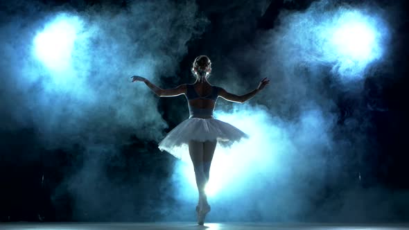 Ballet Dancer in White Tutu on a Blue, Smoke, Fog