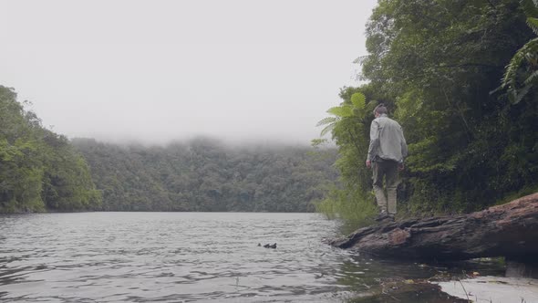 Traveling Man Standing on Tree Falling in River Water in Tropical Forest on Green Highlands